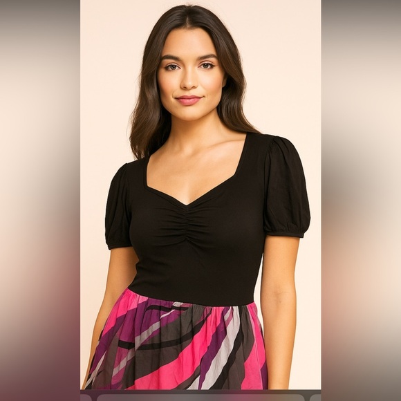 Y2k babydoll top M  printed summer classic pink black boho coquette - Picture 1 of 3